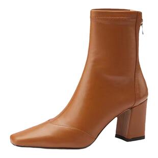 lady ww2024高跟中筒靴法式棕色气质中跟女鞋弹力瘦瘦靴真皮短靴