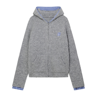 BIPOLAR格纹假两件圈圈纱开衫毛衣美式休闲连帽针织衫跨宽松情侣