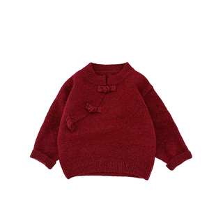 男童冬款立领上衣套装宝宝新年红色加厚保暖针织毛衣婴儿加绒裤子