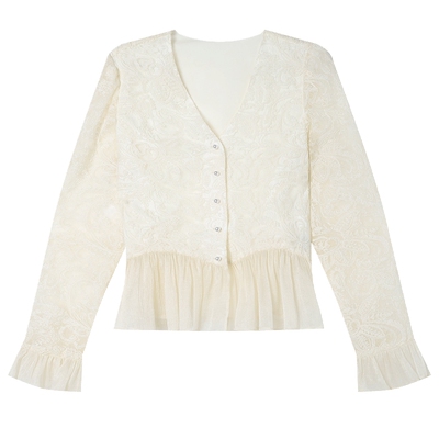 白鹿语法式复古蕾丝拼接荷叶边衬衫25早秋新款设计感V领开衫上衣