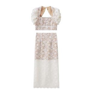 SNIDEL春夏款方领蕾丝上衣高腰蕾丝半身裙两件套SWFO241302