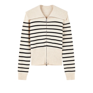 秋水伊人条纹针织开衫2025年冬季新款时尚大翻领设计经典元素上衣