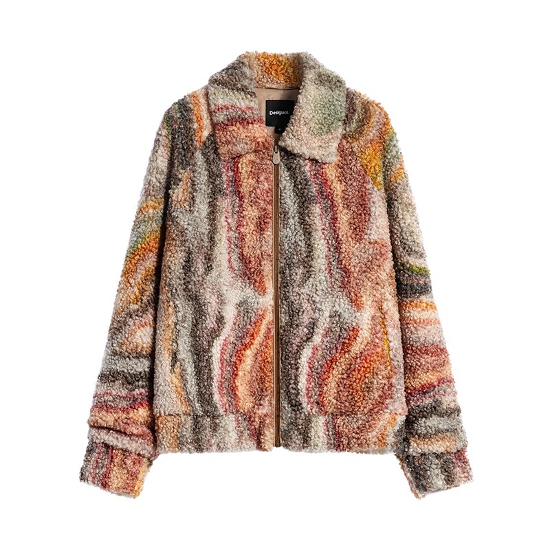 Desigual26秋冬新品玛瑙水波纹油画印花翻领拉链短款女式外套