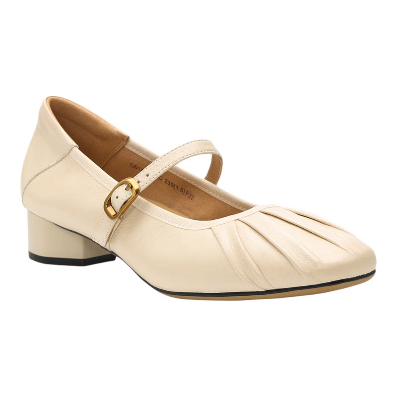 Pierre Cardin/皮尔卡丹女鞋26春季褶皱羊皮中跟一字带玛丽珍鞋子