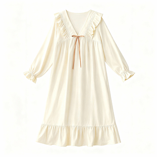 猫人纯棉睡裙女款带胸垫睡衣春秋款长袖2025新款公主风家居服长裙