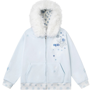 美式复古雪花刺绣连帽卫衣女大童初中高中学生加绒拉链宽松外套潮