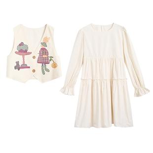 紫涵连衣裙马甲套装女秋季新款休闲圆领长袖短裙子印花马夹两件套