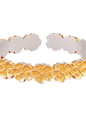 银千造 桃花朵朵 描金足银999实心开口银手镯送女友国风气质银镯