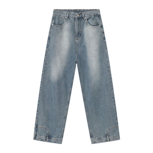 sicnhe美式高街水洗复古设计感反穿倒装牛仔裤男宽松直筒潮牌长裤