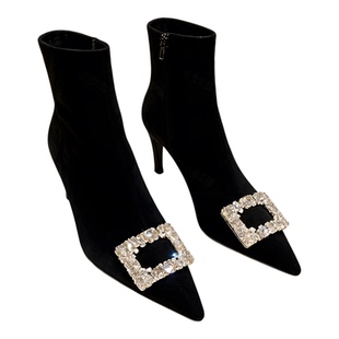 CK&RV 尖头高跟鞋细跟小短靴女2025春秋新款水钻方扣弹力时尚瘦瘦