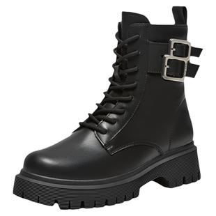 百思图冬商场新款潮酷牛皮加绒高帮马丁靴粗跟女短靴REO44DD4