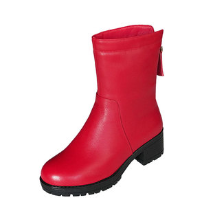 冬季圆头皮毛一体女鞋保暖厚底棉鞋红色羊毛靴子东北大棉中筒靴女