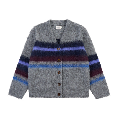 GOODBAI 撞色横条纹V领oversize长毛针织毛衣