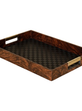 质感黑色棋盘格，天然木纹框托盘