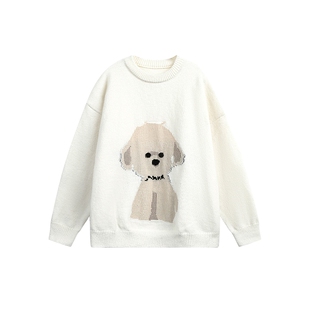 男士仿鹿毛绒白色毛衣男款慵懒风冬季加厚2026新款针织外套圆领衫