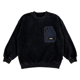 日系男童炭黑色做旧风一体绒牛仔口袋卫衣儿童冬季加绒保暖上衣潮