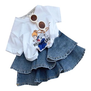 女童套装2025夏季新款洋气韩版裤裙女宝宝牛仔短裙夏装蛋糕裙套裙