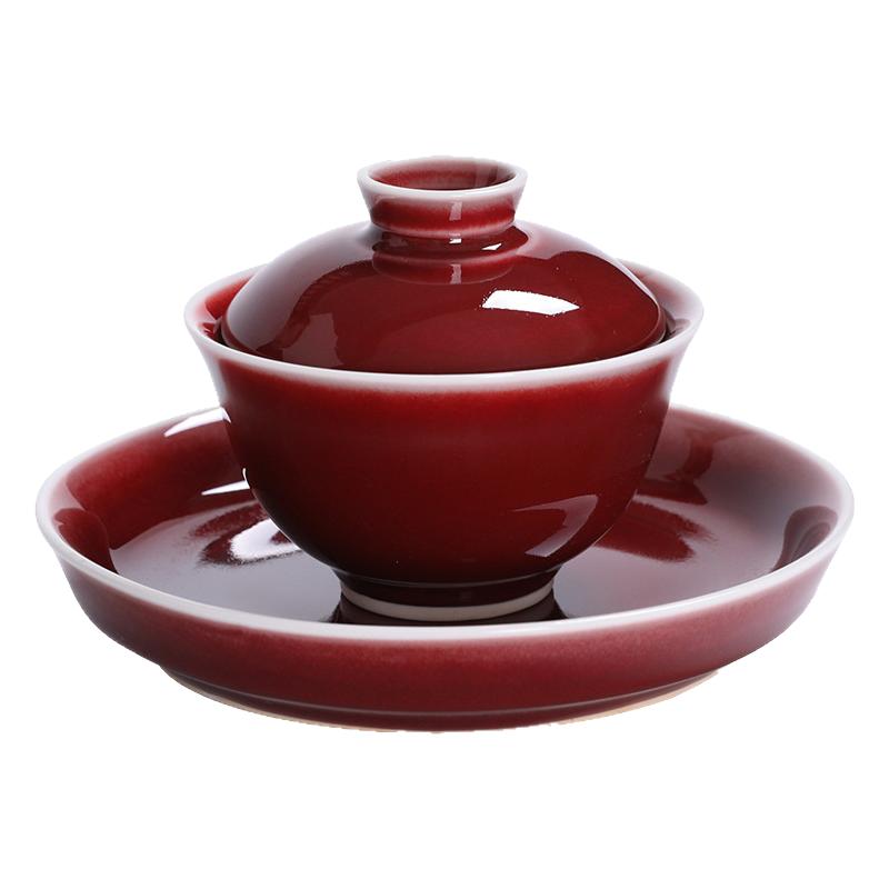 郎红釉三才盖碗茶杯大号手工泡茶碗功夫茶具高档陶瓷家用泡茶器