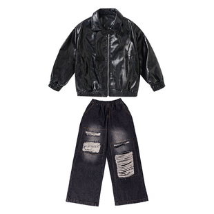 儿童街舞演出服爵士舞套装黑色皮衣外套男童潮服少儿hiphop嘻哈女