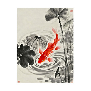 新中式纯手绘油画锦鲤图客厅装饰画荷叶高级感国风玄关肌理挂画