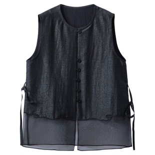 一丝牵欧根纱拼接真丝香云纱龟纹马甲100%桑蚕丝中长款无袖上衣夏