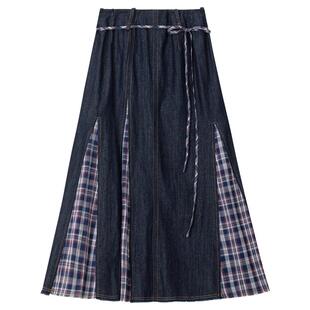 KEIKO 辣妹美式格纹拼接包臀牛仔半身裙春季复古高腰系带鱼尾长裙