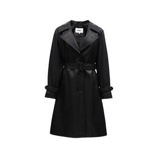 绫致ONLY秋冬新时尚酷飒翻领开衩PU中长款风衣外套女潮