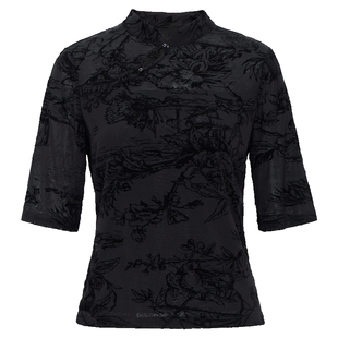 马天奴2026春夏新款黑色植绒衬衫新中式立领高弹透气上衣国风女装