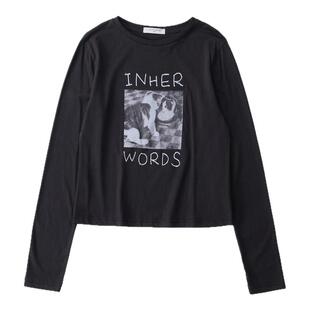 INHERWORDS 春季百搭圆领棉麻混纺趣味猫咪印花套头内搭长袖T恤女