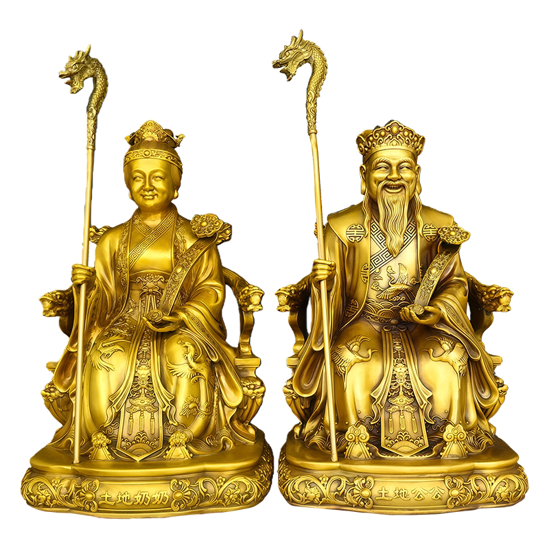 黄铜土地公婆神像供奉摆件装饰品