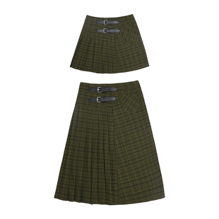 哟酷酷(圣诞派对)复古格纹百搭显瘦半身裙女百褶A字版型长短裙