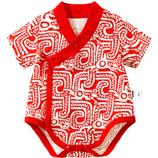 龙喜年男宝周岁礼服红色中式纯棉连体衣抓周满月百岁百天宴衣服夏