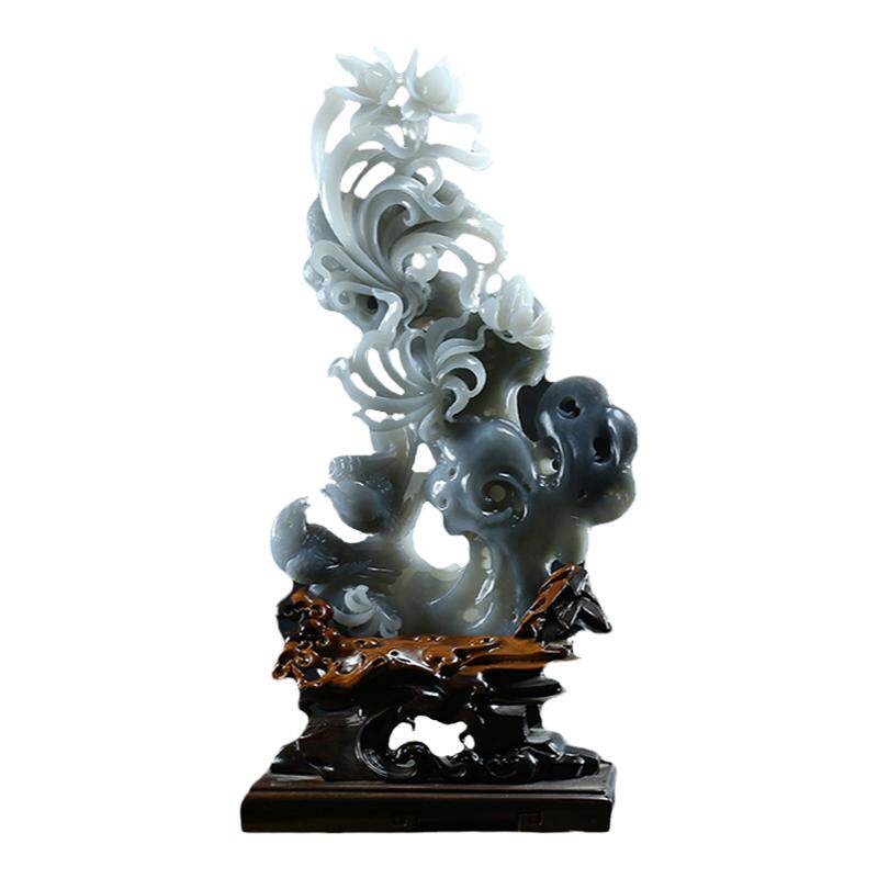 和田玉兰花鸟摆件烟青玉烟灰玉石