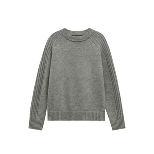 HVIVI 100绵羊毛纯色圆领坑条毛衣女秋冬宽松慵懒百搭套头针织衫