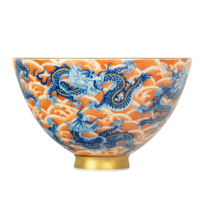 矾红海水青花描金九龙鸡心杯