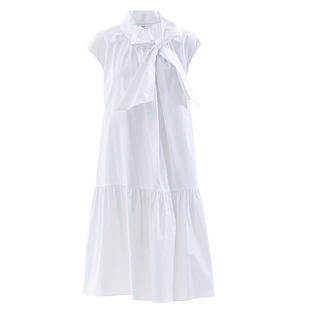 AUM噢姆夏季干练职场通勤长裙白色蝴蝶结全棉仙女清新连衣裙