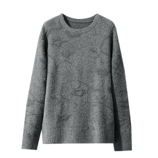 Amii2025冬新款圆领芝麻底元仝国风提花落肩袖毛衣女宽松藏肉上衣