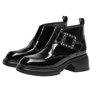 KISSCAT接吻猫[繁花孟克靴]新款通勤真皮短靴增高方钻黑色靴子女