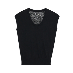 pusumede蕾丝拼接后背设计感U领短袖针织t恤女法式气质小飞袖上衣