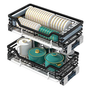 304不锈钢拉篮厨房橱柜抽屉收纳置物碗篮双层厨柜内碗架放碗拉蓝