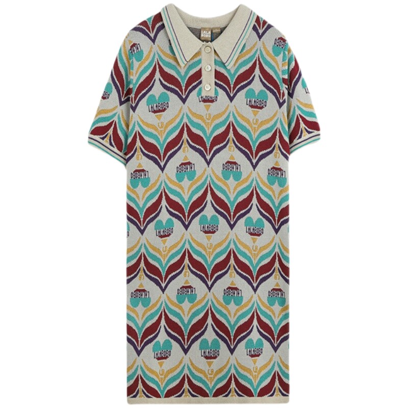 翻领短袖四叶草毛织连衣裙子女