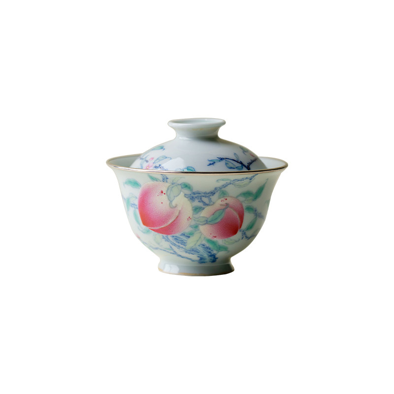 梵汝青花斗彩寿桃银包口泡茶碗