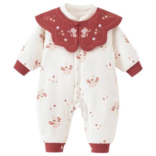 【暖护棉】女宝宝夹棉连体哈衣加厚保暖婴儿红色中式过年爬服冬季