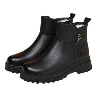 红蜻蜓短靴厚底平底靴子女2024新款冬季中筒羊毛加绒妈妈棉靴皮靴