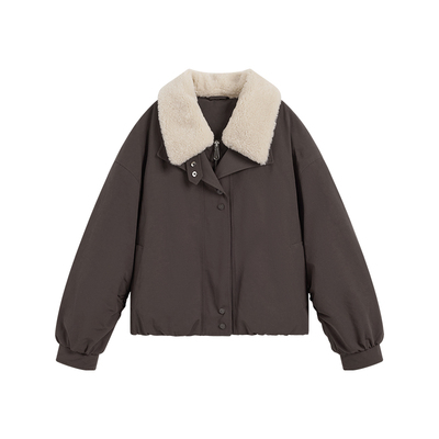 KBNE咖啡色拼色毛领短款羽绒服女装2025冬季新款保暖显瘦羽绒外套