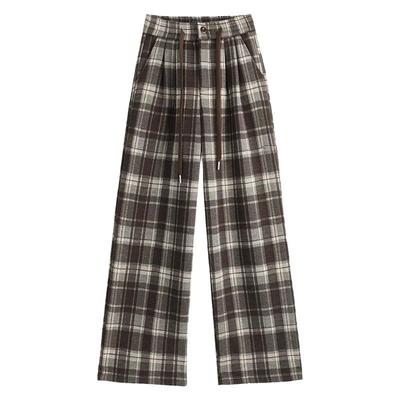 秋冬加绒窄版毛呢阔腿裤女垂感2025新款宽松百搭直筒裤格子休闲裤