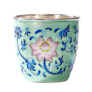 青花缠枝莲银杯子999纯银茶杯主人杯品茗杯珐琅彩门海福缸银水杯