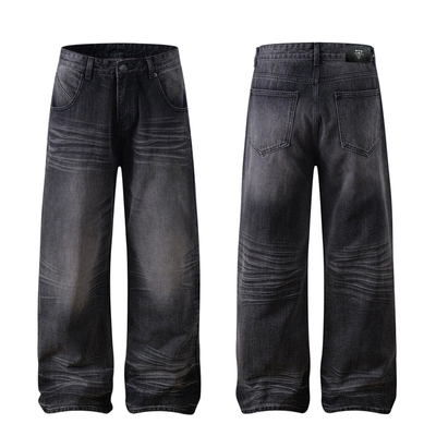 HODGETUNG水洗立体猫须黑牛仔裤