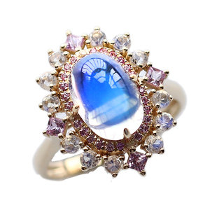 天然高端月光石配粉蓝宝石18K金镶嵌戒指 定制结婚闺蜜礼物配证书