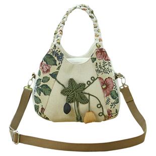 民族风手工编织帆布包多隔层手提包休闲风多夹层手拎袋拉链女布包